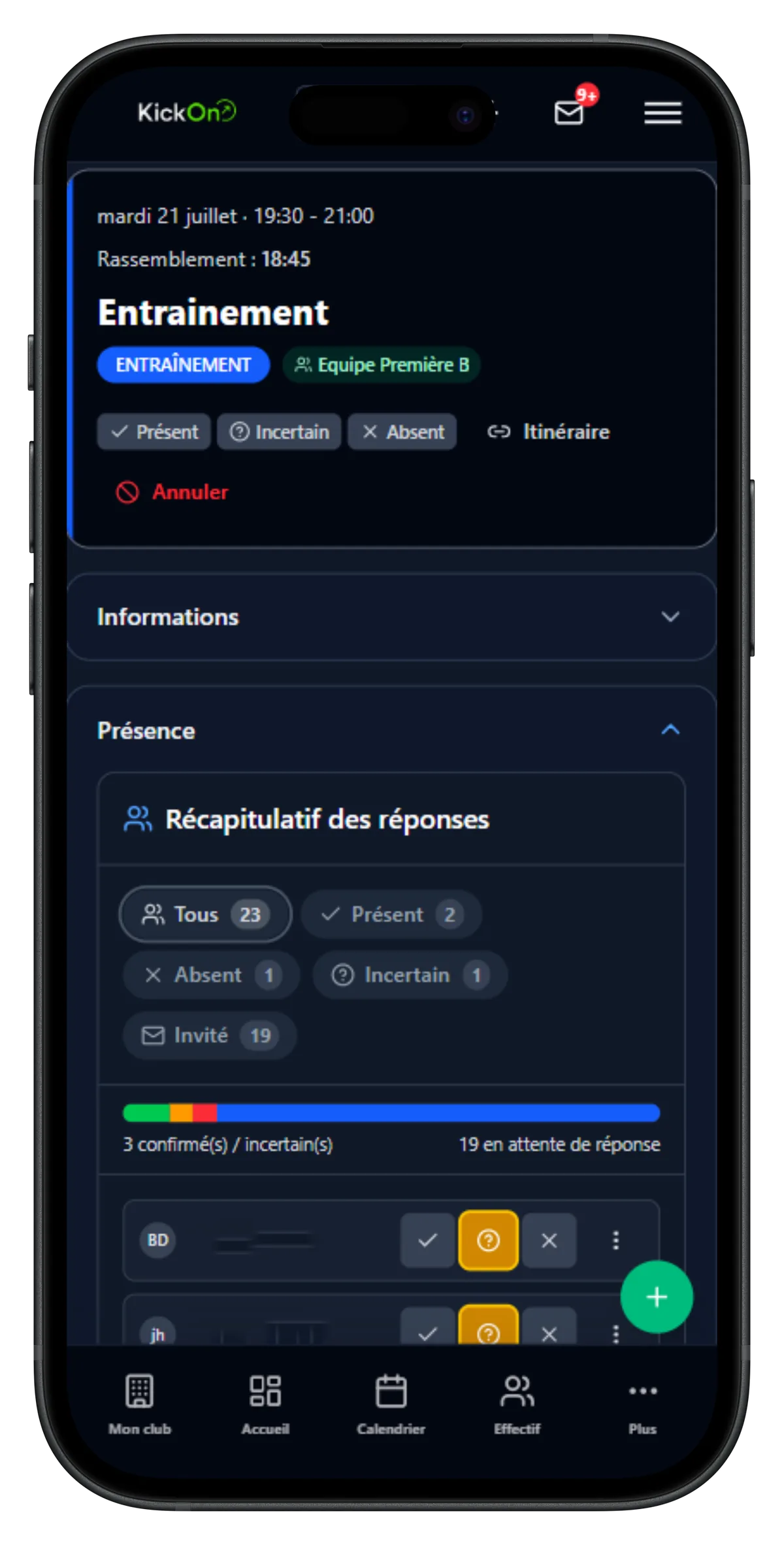 KickOn training call-up screen with player replies