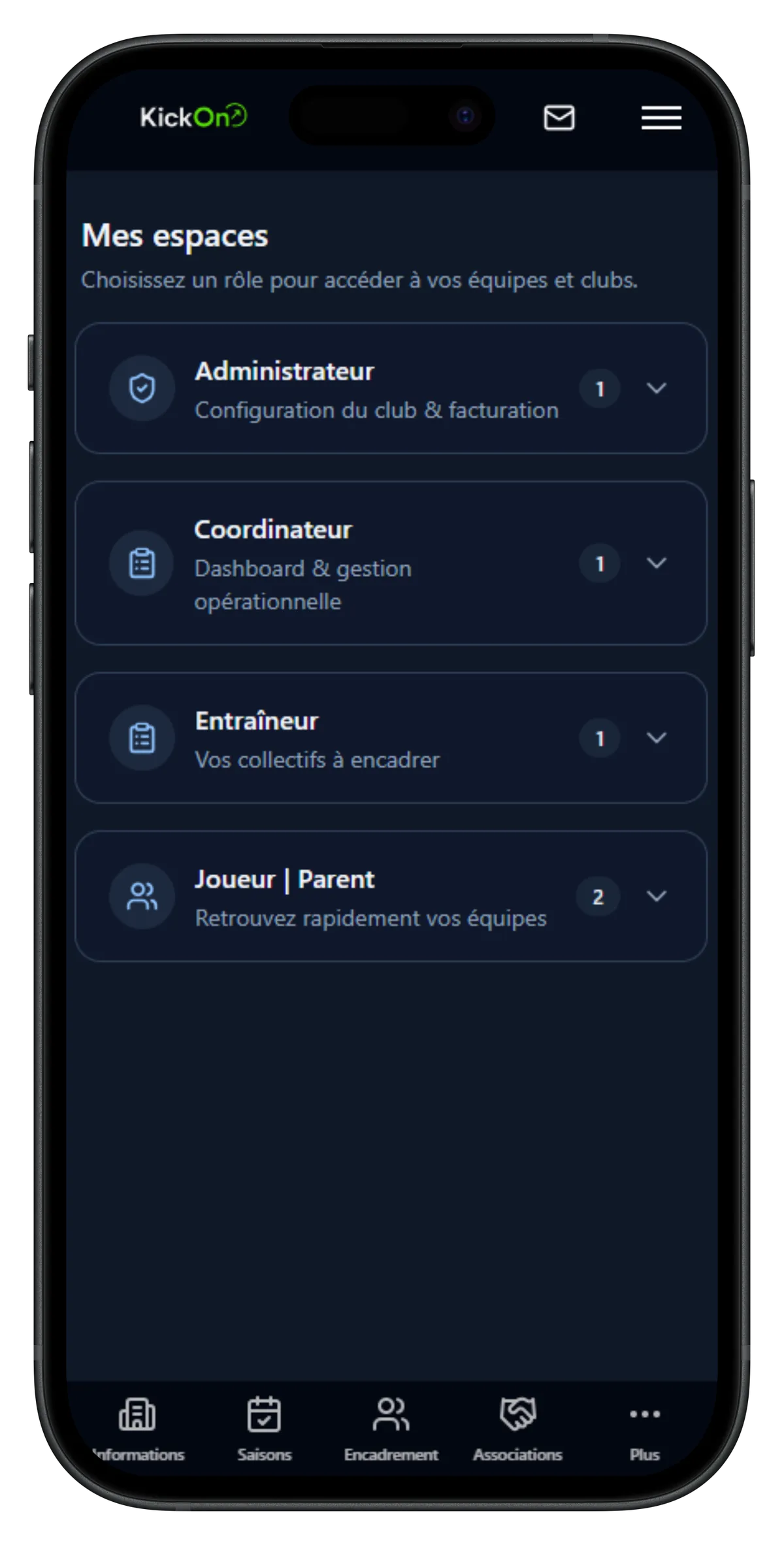 KickOn portal with club spaces and Associations access